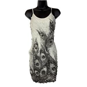 Black White Ruffled Dress Diaganol JuJu & B Size M Floral Lined Peacock USA